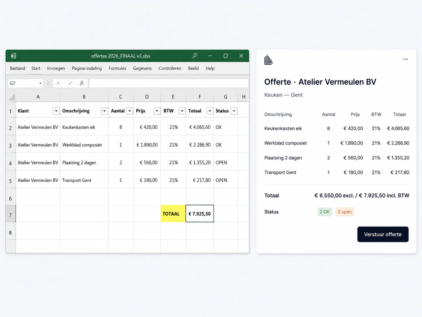 Een offerte in Excel, naast dezelfde offerte als een eenvoudige app.